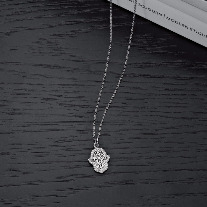 Sterling Silver HAMZA HAND Pendant & Chain with Cubic Zirconia