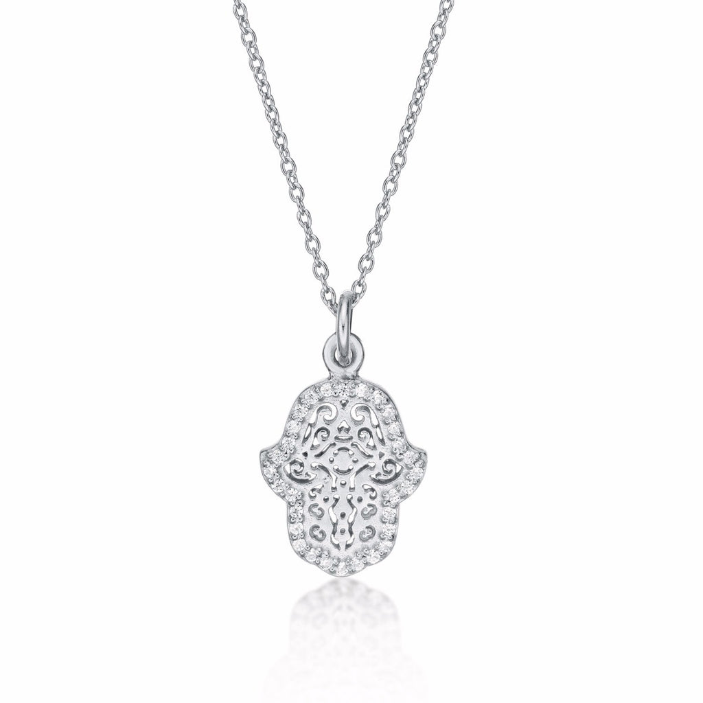 Sterling Silver HAMZA HAND Pendant & Chain with Cubic Zirconia