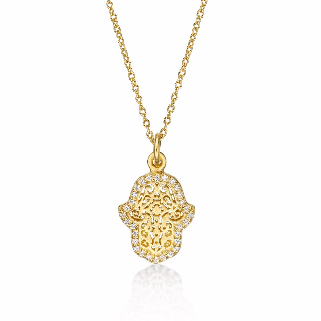 Yellow Gold Plated Sterling Silver HAMZA HAND Pendant & Chain with Cubic Zirconia
