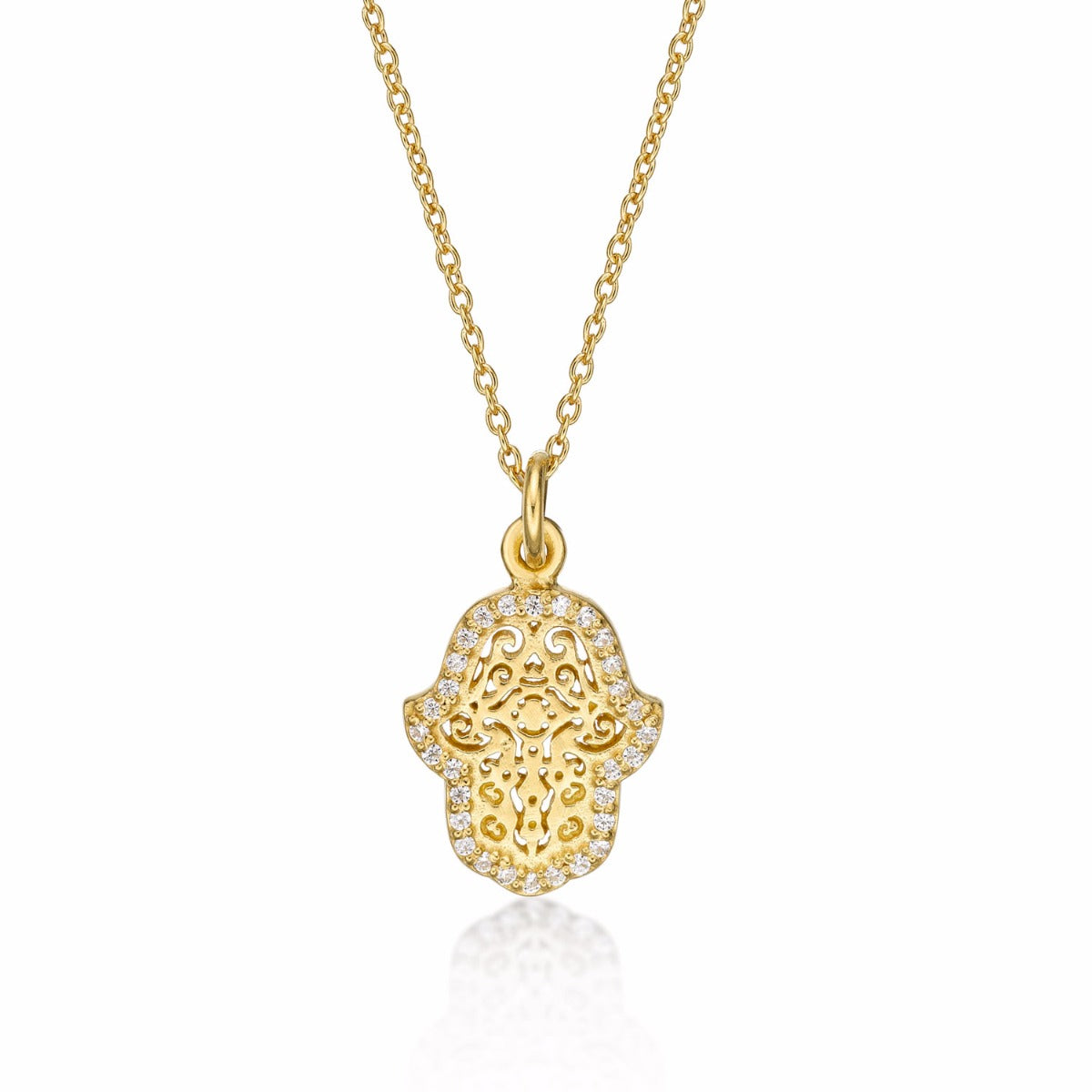 Yellow Gold Plated Sterling Silver HAMZA HAND Pendant & Chain with Cubic Zirconia