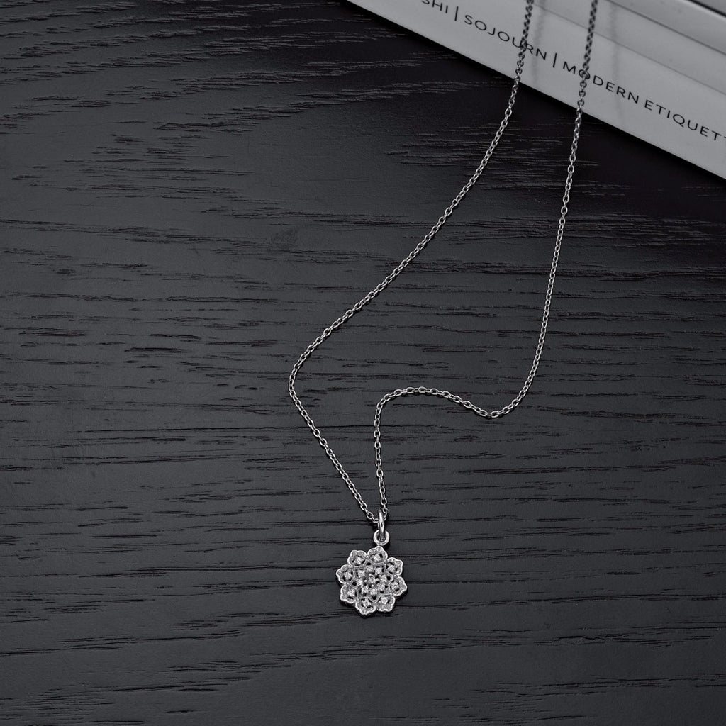Sterling Silver ORNATE FLOWER Pendant Necklace with Cubic Zirconia