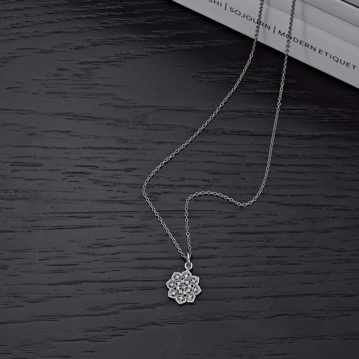 Sterling Silver ORNATE FLOWER Pendant Necklace with Cubic Zirconia