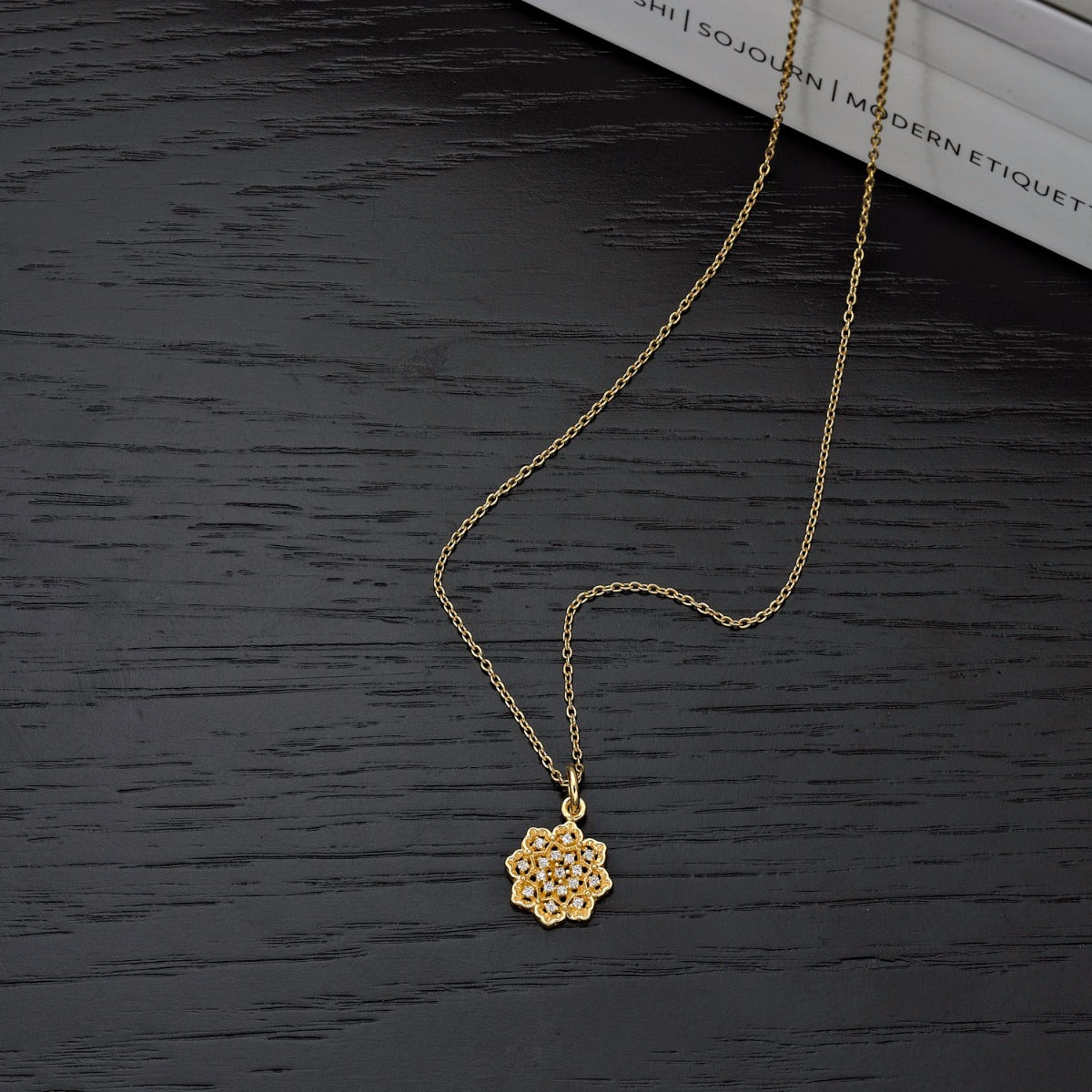 Gold Plated Sterling Silver ORNATE FLOWER Pendant Necklace with Cubic Zirconia