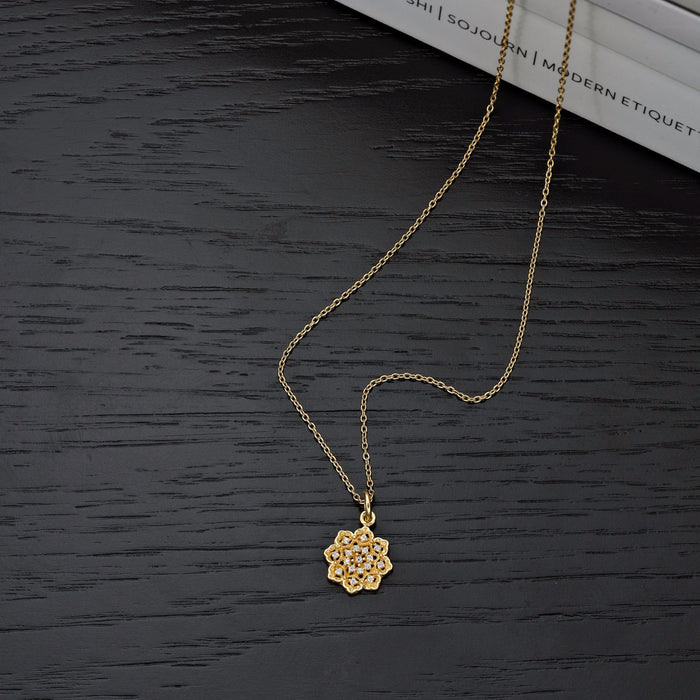 Gold Plated Sterling Silver ORNATE FLOWER Pendant Necklace with Cubic Zirconia
