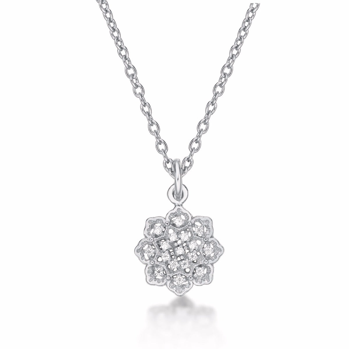Sterling Silver ORNATE FLOWER Pendant Necklace with Cubic Zirconia