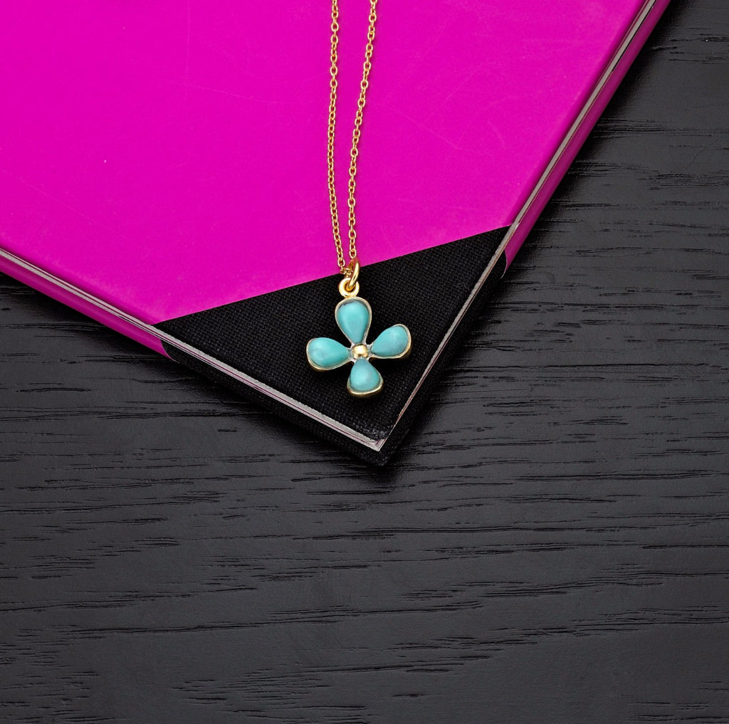 Gold Plated Sterling Silver FLOWER Pendant Necklace with Blue Turquoise