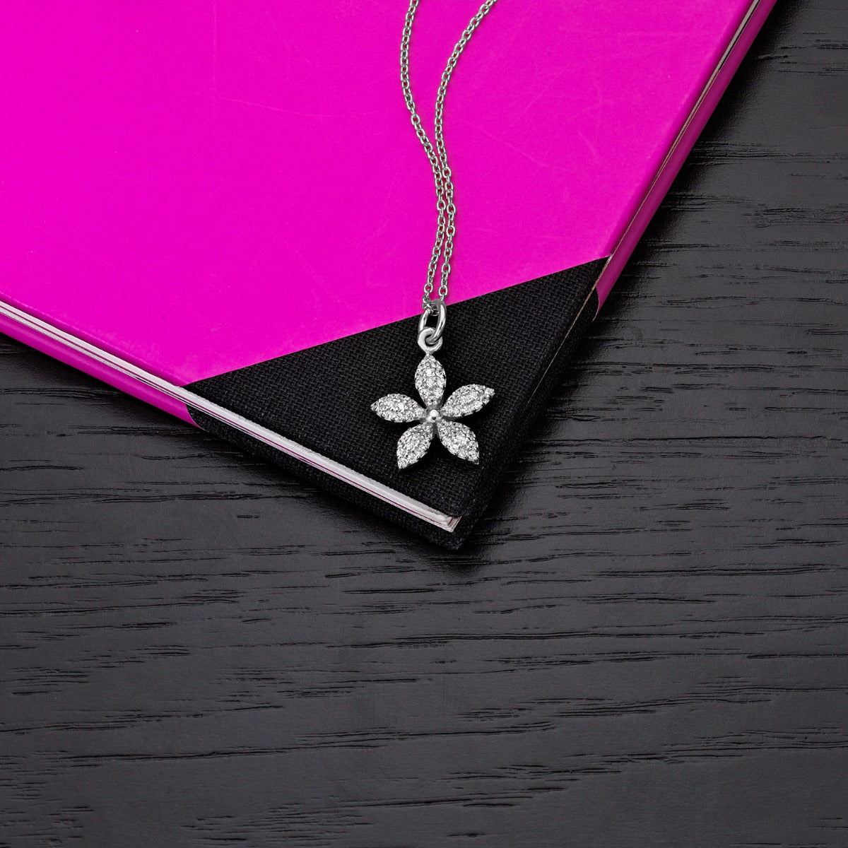 Sterling Silver FLOWER Pendant Necklace with Cubic Zirconia