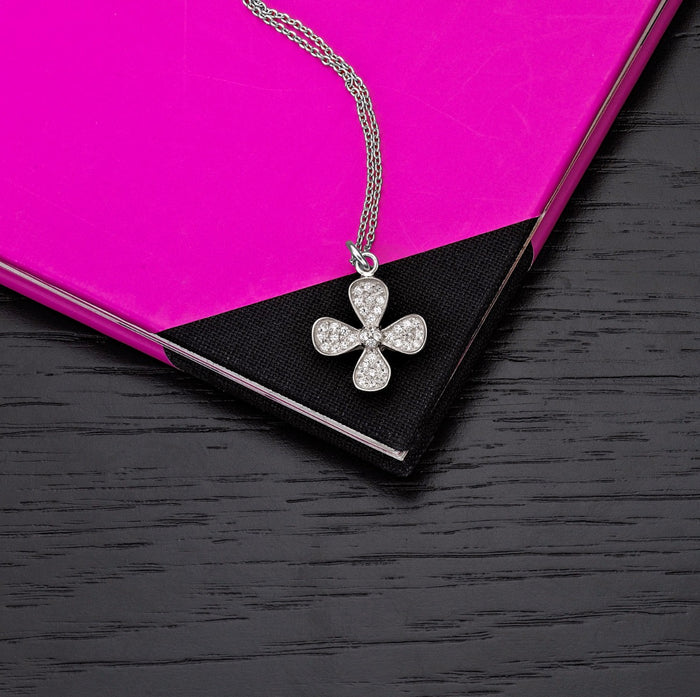 Sterling Silver FOUR LEAF Pendant Necklace with Cubic Zirconia