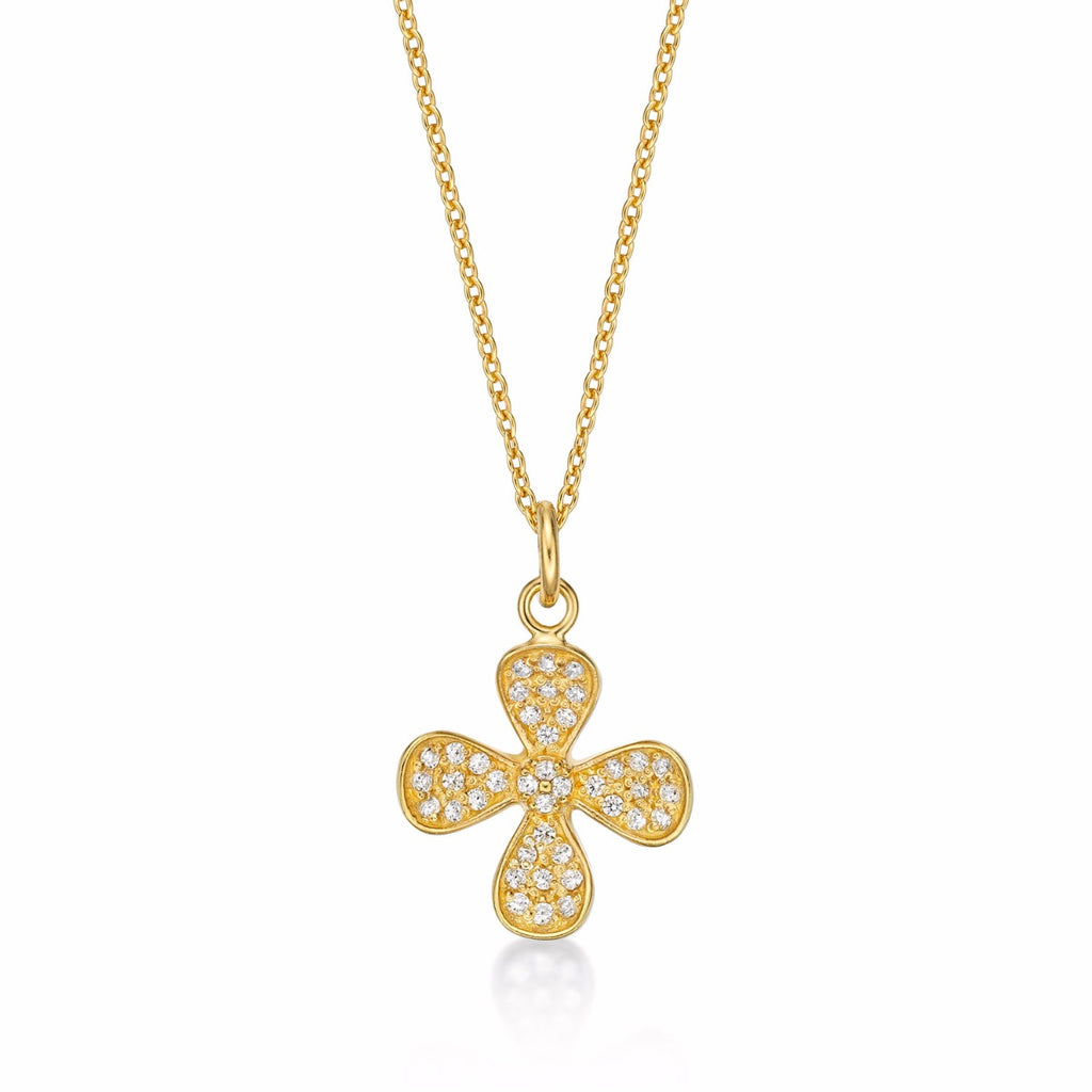 Gold Plated Sterling Silver FOUR LEAF Pendant Necklace with Cubic Zirconia