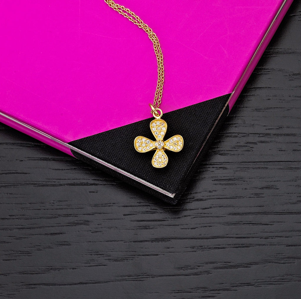 Gold Plated Sterling Silver FOUR LEAF Pendant Necklace with Cubic Zirconia