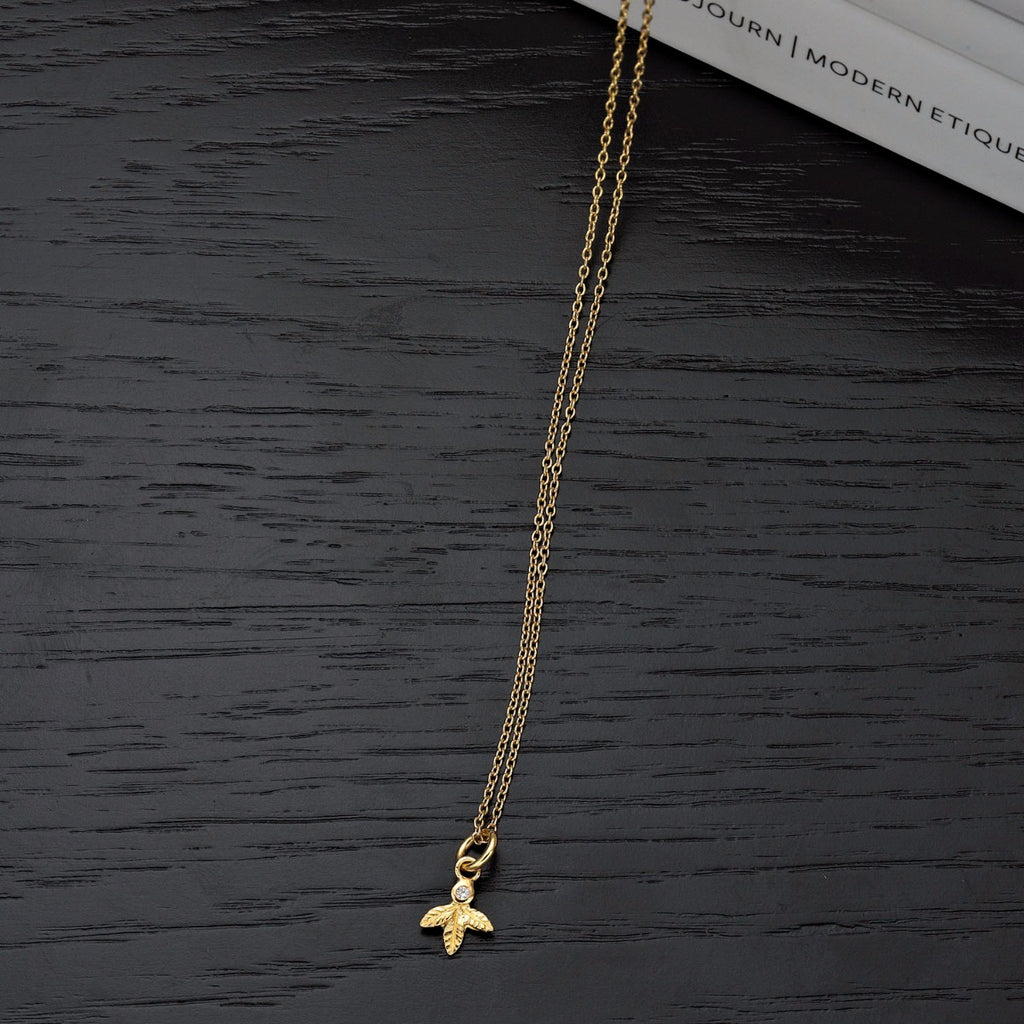Gold Plated Sterling Silver SMALL LEAF Pendant Necklace with Cubic Zirconia