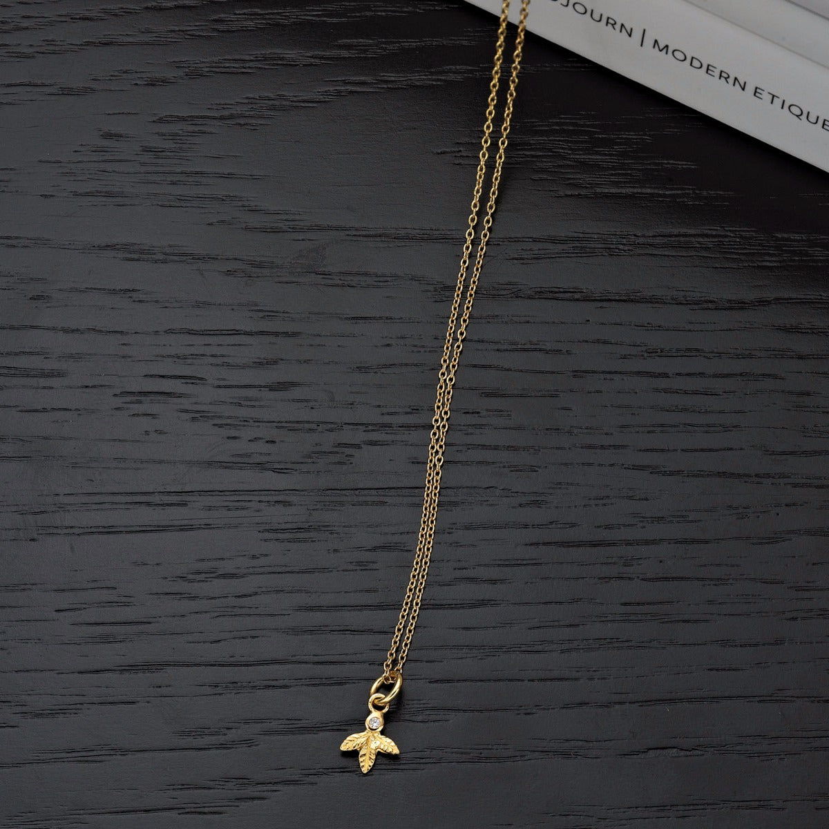 Gold Plated Sterling Silver SMALL LEAF Pendant Necklace with Cubic Zirconia