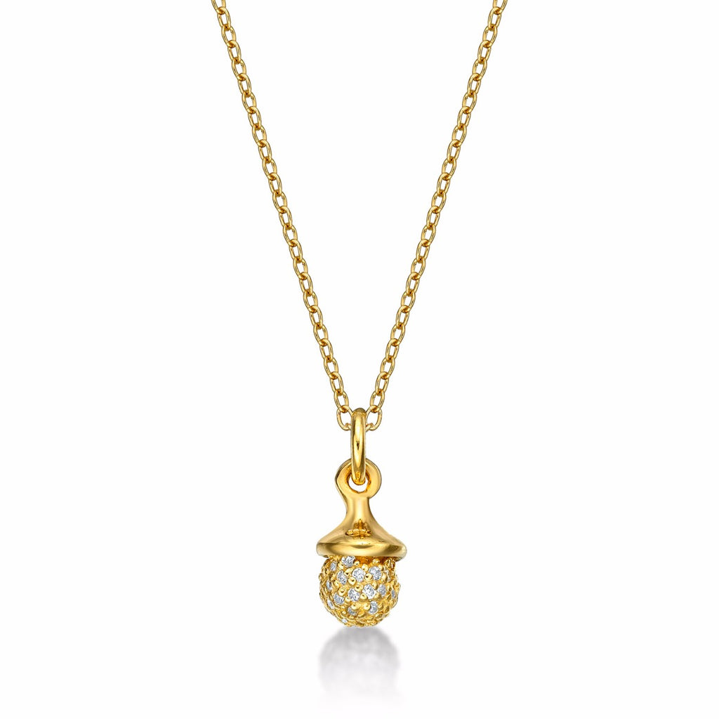 Gold Plated Sterling Silver ACORN Pendant Necklace with Cubic Zirconia