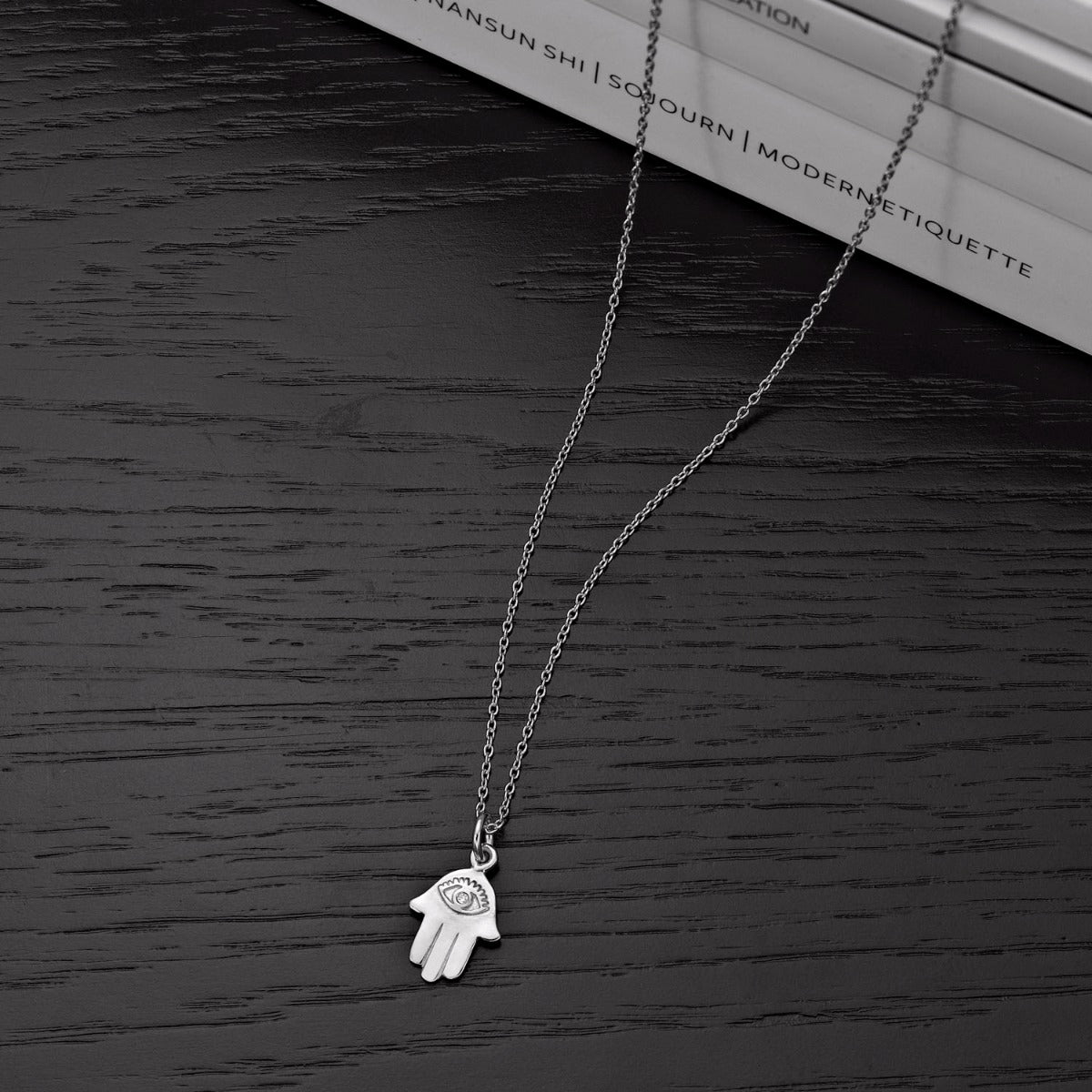 Sterling Silver HAND OF HAMZA Pendant & Chain with Cubic Zirconia