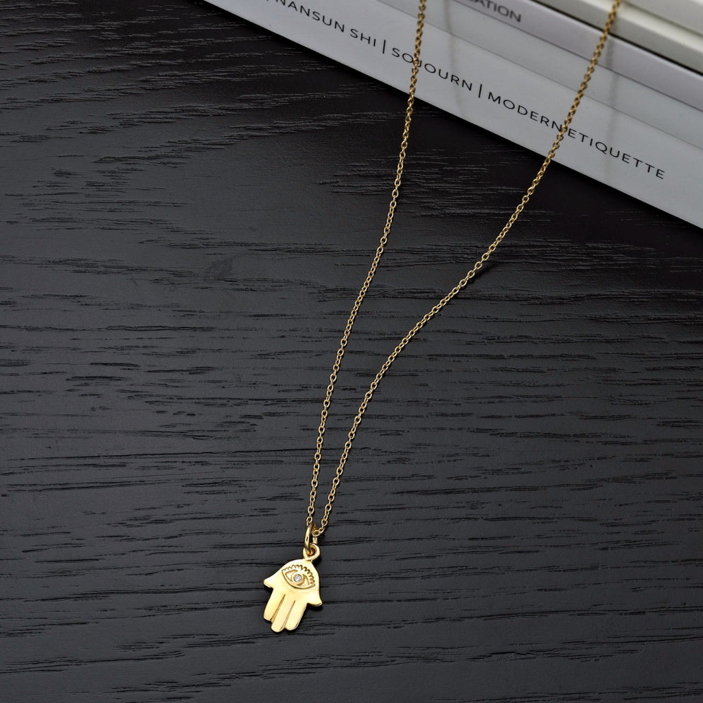 Gold Plated Sterling Silver HAND OF HAMZA Pendant & Chain with Cubic Zirconia