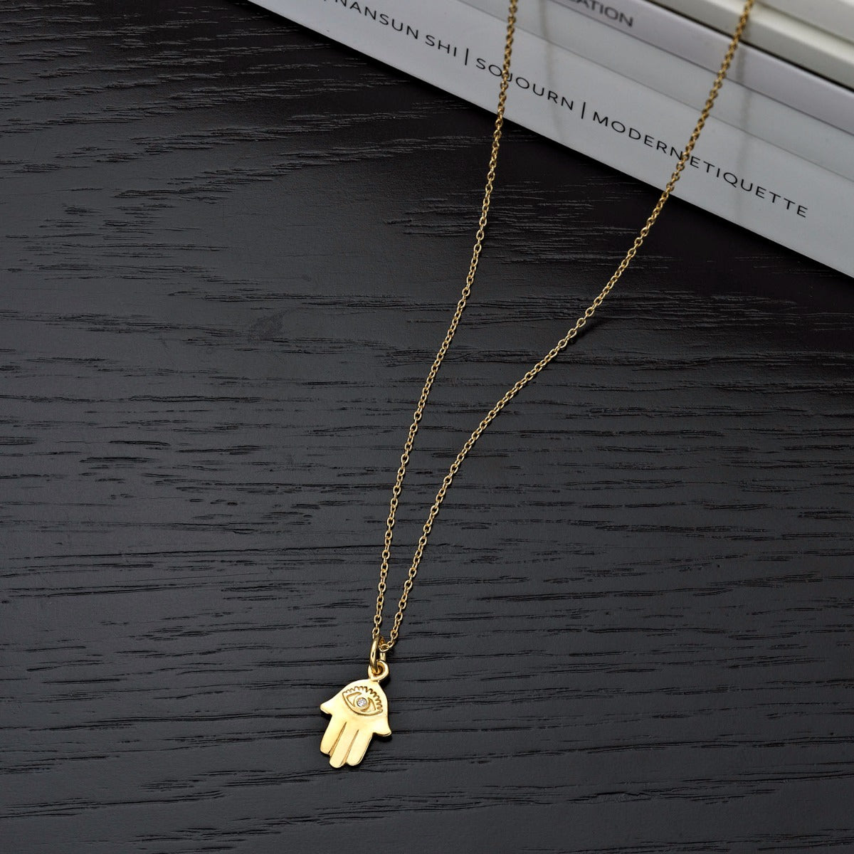 Gold Plated Sterling Silver HAND OF HAMZA Pendant & Chain with Cubic Zirconia