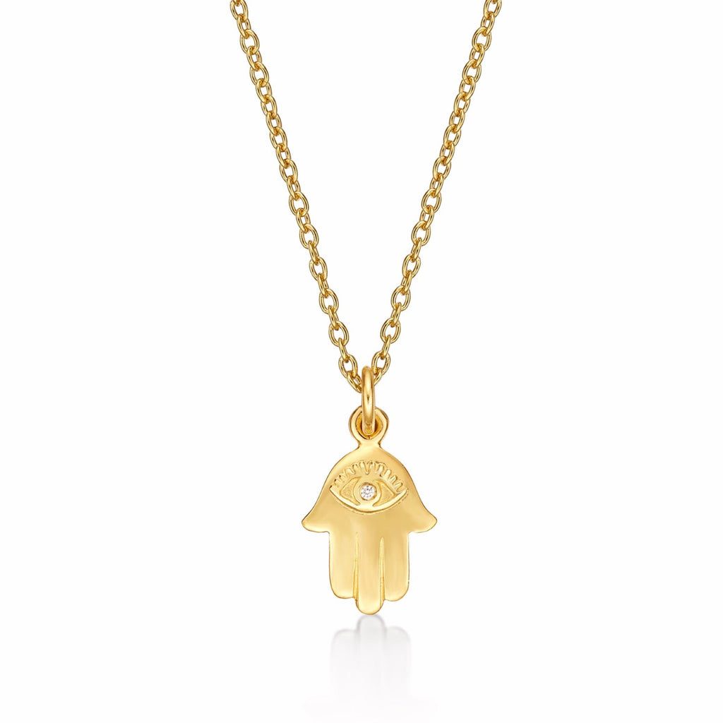 Gold Plated Sterling Silver HAND OF HAMZA Pendant & Chain with Cubic Zirconia