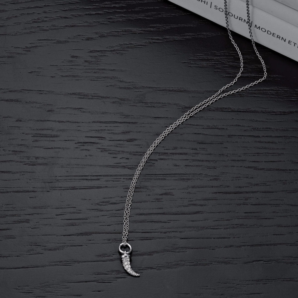 Sterling Silver TIGER TOOTH Pendant Necklace with Cubic Zirconia
