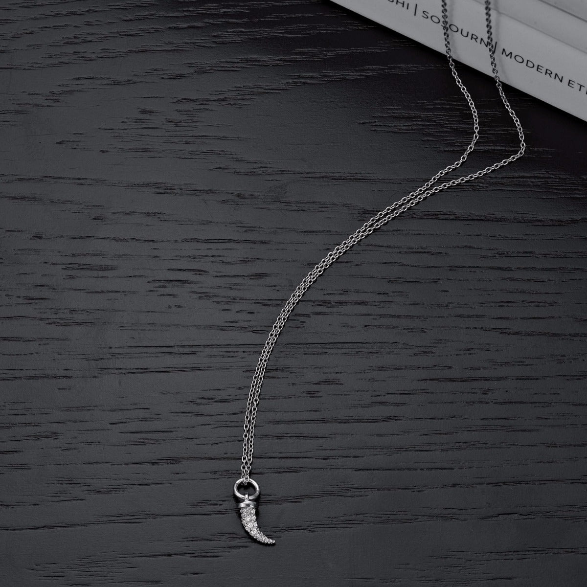 Sterling Silver TIGER TOOTH Pendant Necklace with Cubic Zirconia