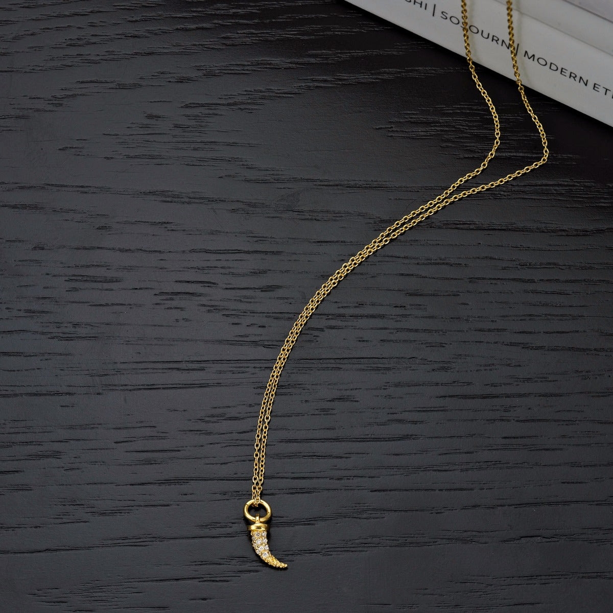 Gold Plated Sterling Silver TIGER TOOTH Pendant Necklace with Cubic Zirconia