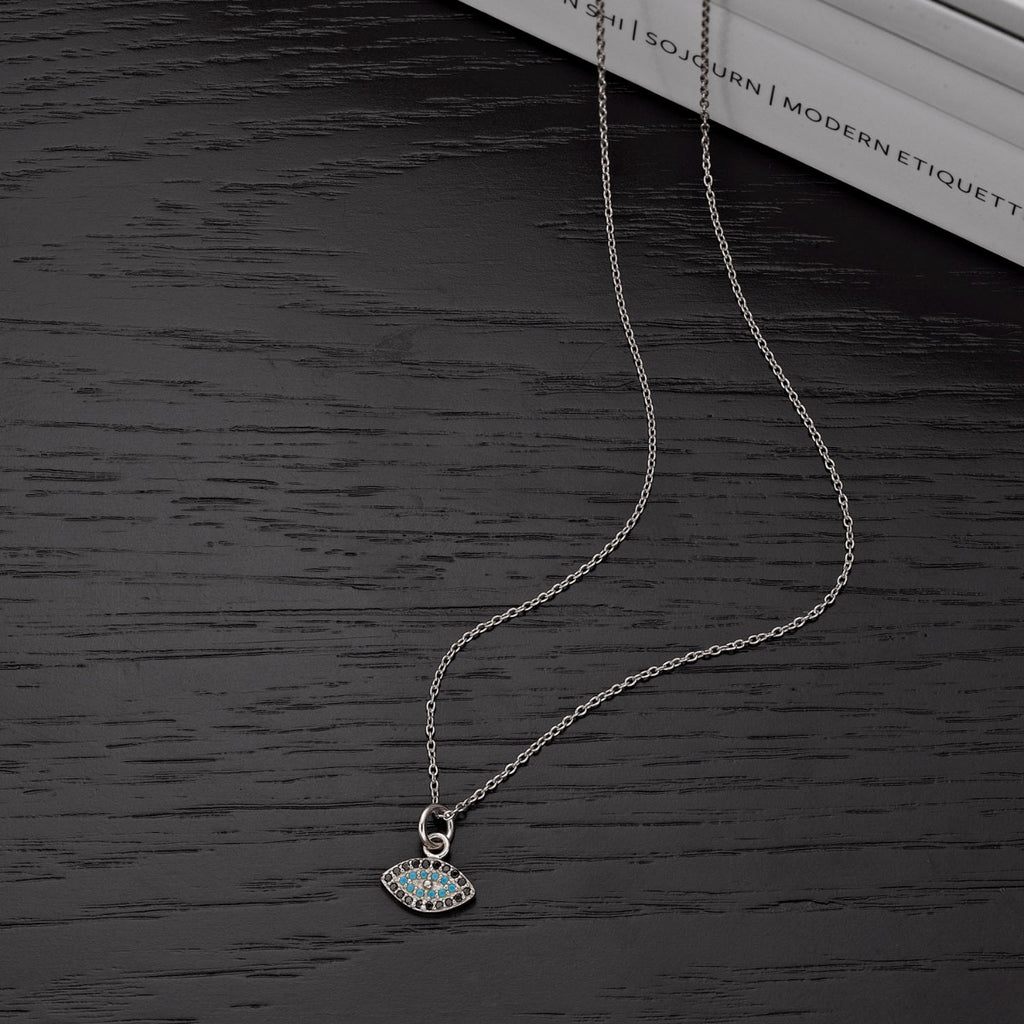 Sterling Silver EVIL EYE Pendant & Chain with Cubic Zirconia