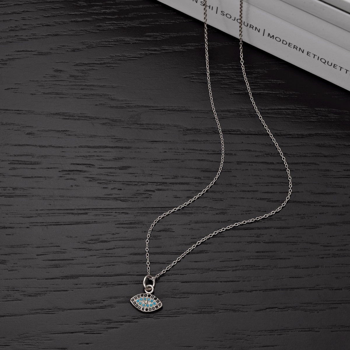 Sterling Silver EVIL EYE Pendant & Chain with Cubic Zirconia