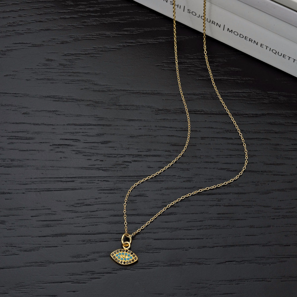 Gold Plated Sterling Silver EVIL EYE Pendant & Chain with Cubic Zirconia