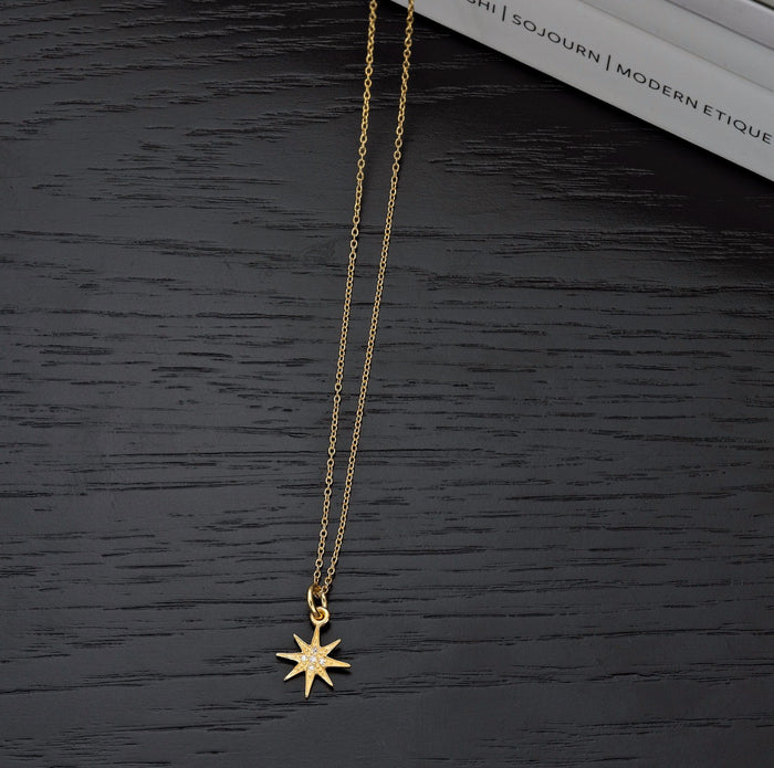 Gold Plated Sterling Silver STAR Pendant & Chain with Cubic Zirconia
