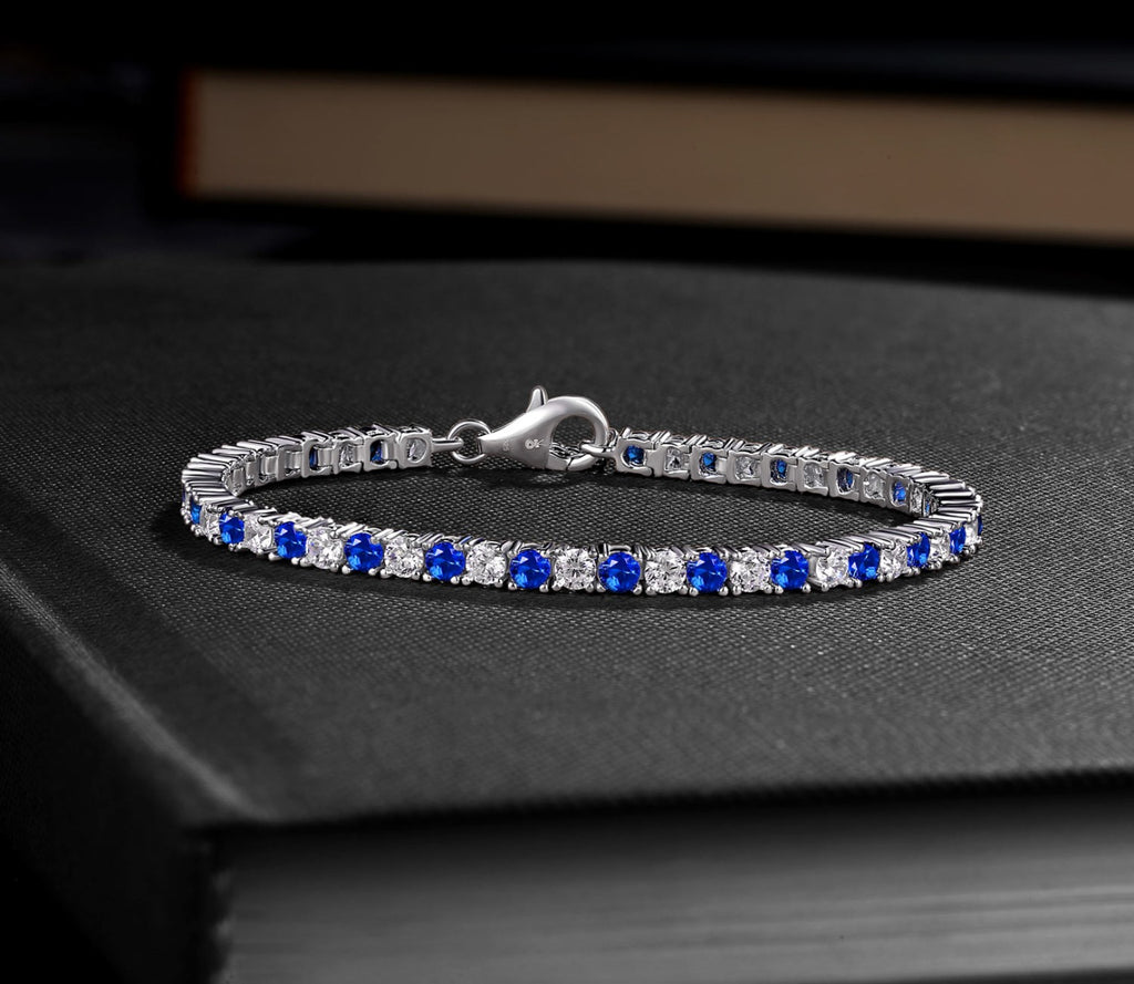 Sterling Silver Tennis Bracelet 3mm Blue & White Cubic Zirconia on book