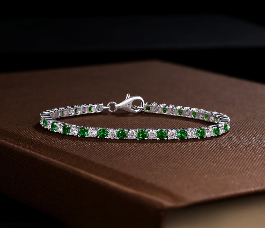 Sterling Silver Tennis Bracelet 3mm Green & White Cubic Zirconia on book