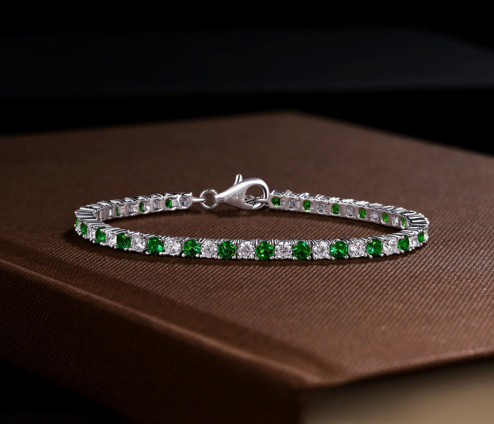Sterling Silver Tennis Bracelet 3mm Green & White Cubic Zirconia