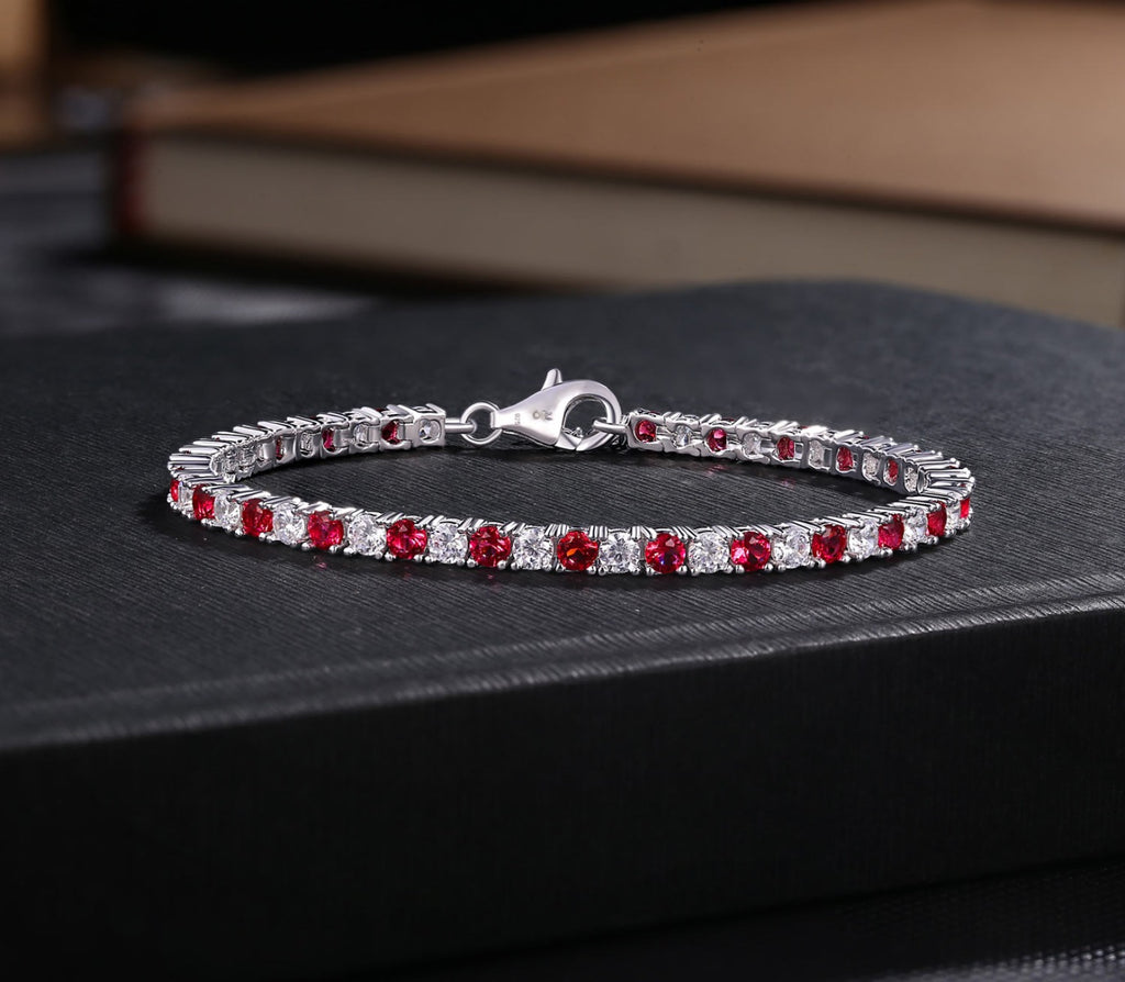 Sterling Silver Tennis Bracelet 3mm Red & White Cubic Zirconia