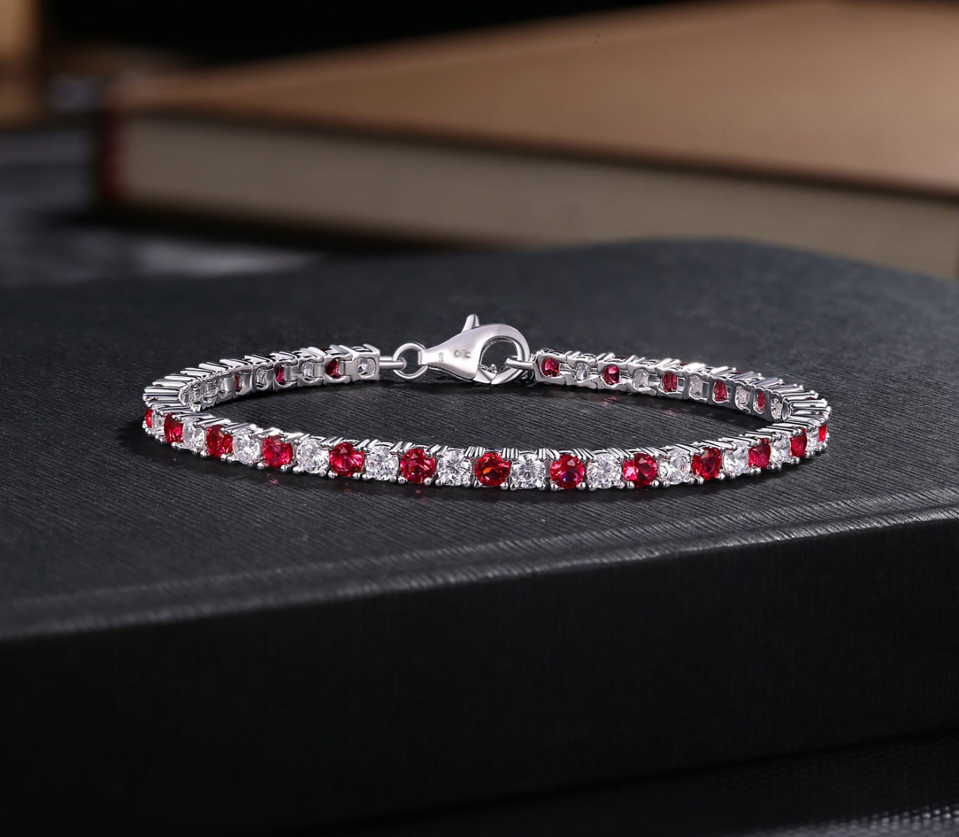 Sterling Silver Tennis Bracelet 3mm Red & White Cubic Zirconia