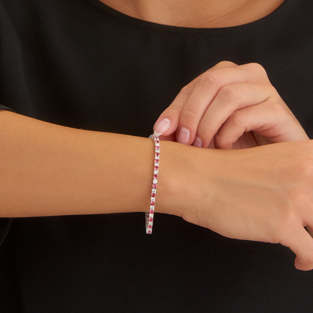 Closeup of Female Model Wearing Sterling Silver Tennis Bracelet 3mm Red & White Cubic Zirconia