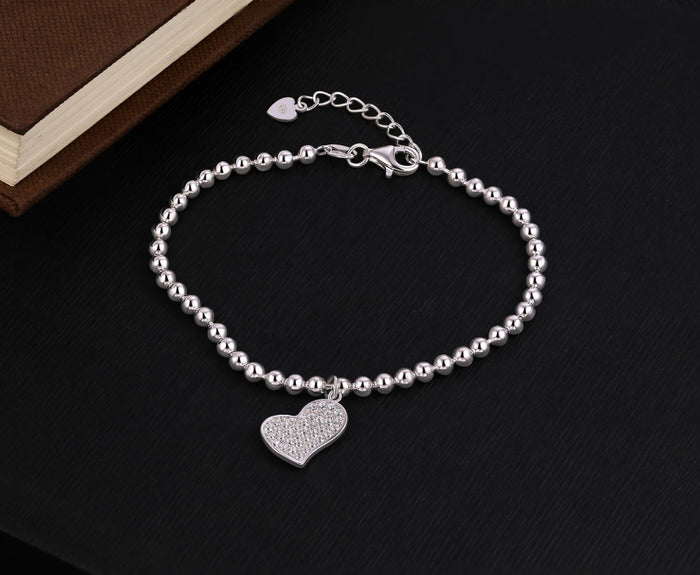 Sterling Silver Ball Bracelet Heart Shape Charm & White Cubic Zirconia