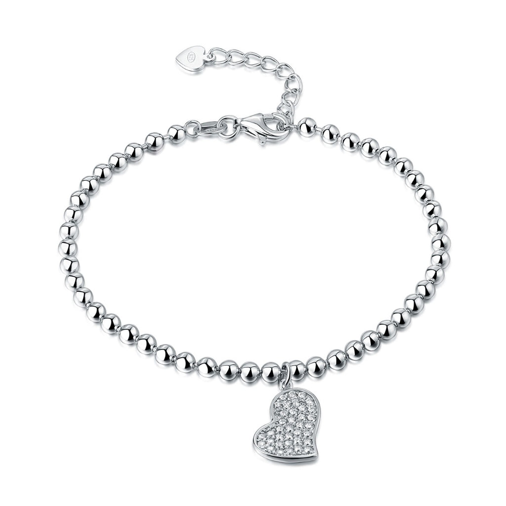 Sterling Silver Ball Bracelet Heart Shape Charm & White Cubic Zirconia