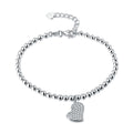 Sterling Silver Ball Bracelet Heart Shape Charm & White Cubic Zirconia