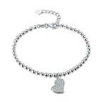 Sterling Silver Ball Bracelet Heart Shape Charm & White Cubic Zirconia