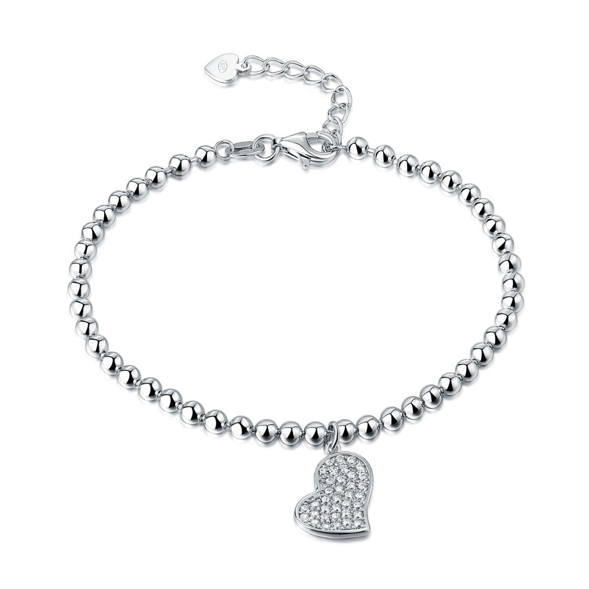 Sterling Silver Ball Bracelet Heart Shape Charm & White Cubic Zirconia