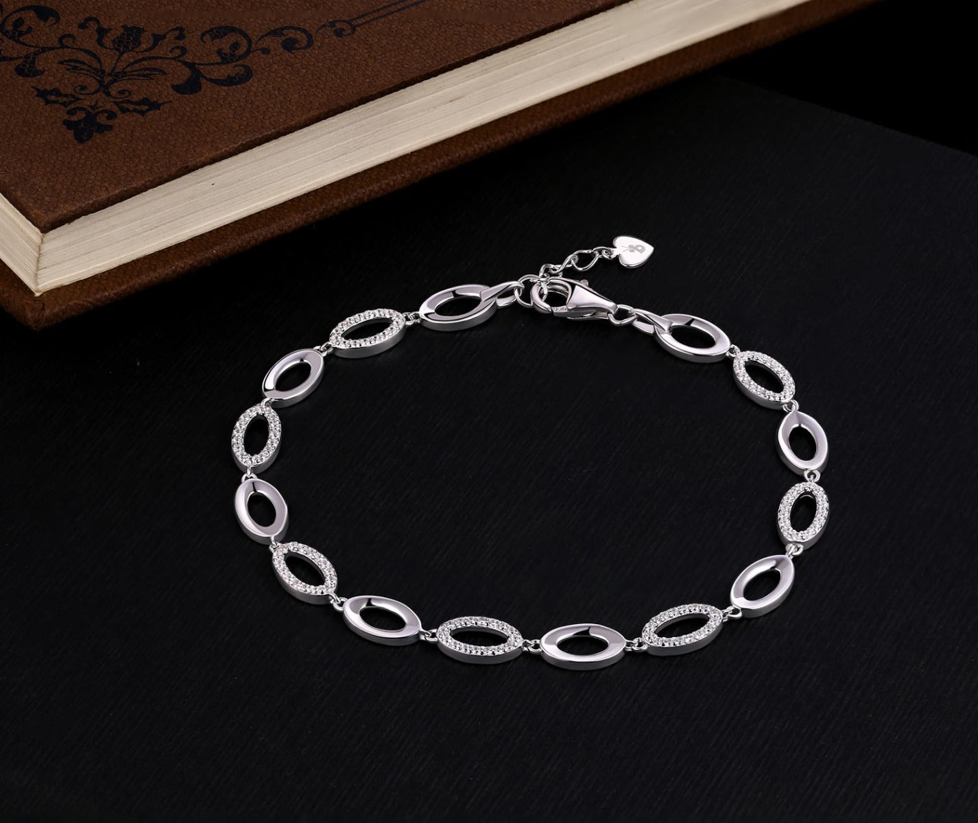 Sterling Silver Bracelet for Women Oval Link & White Cubic Zirconia