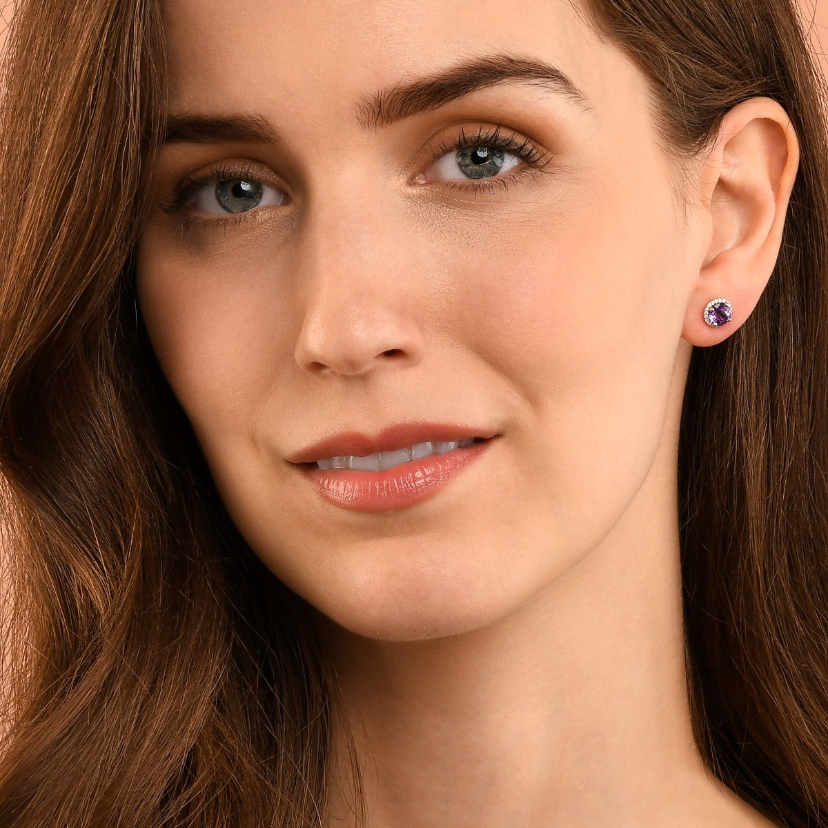 6mm Amethyst and 0.12ct diamond stud earrings in 9K white gold 