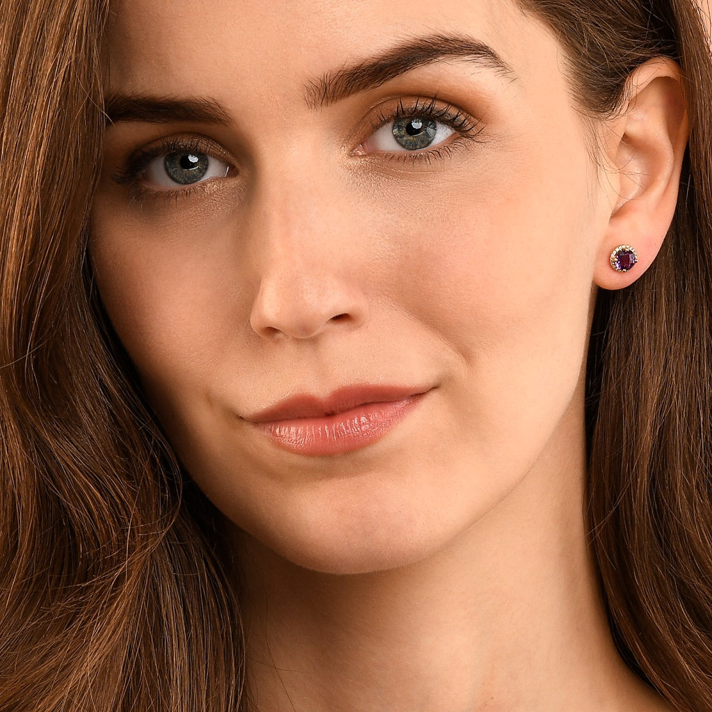 6mm Amethyst and 0.12ct diamond stud earrings in 9K yellow gold 