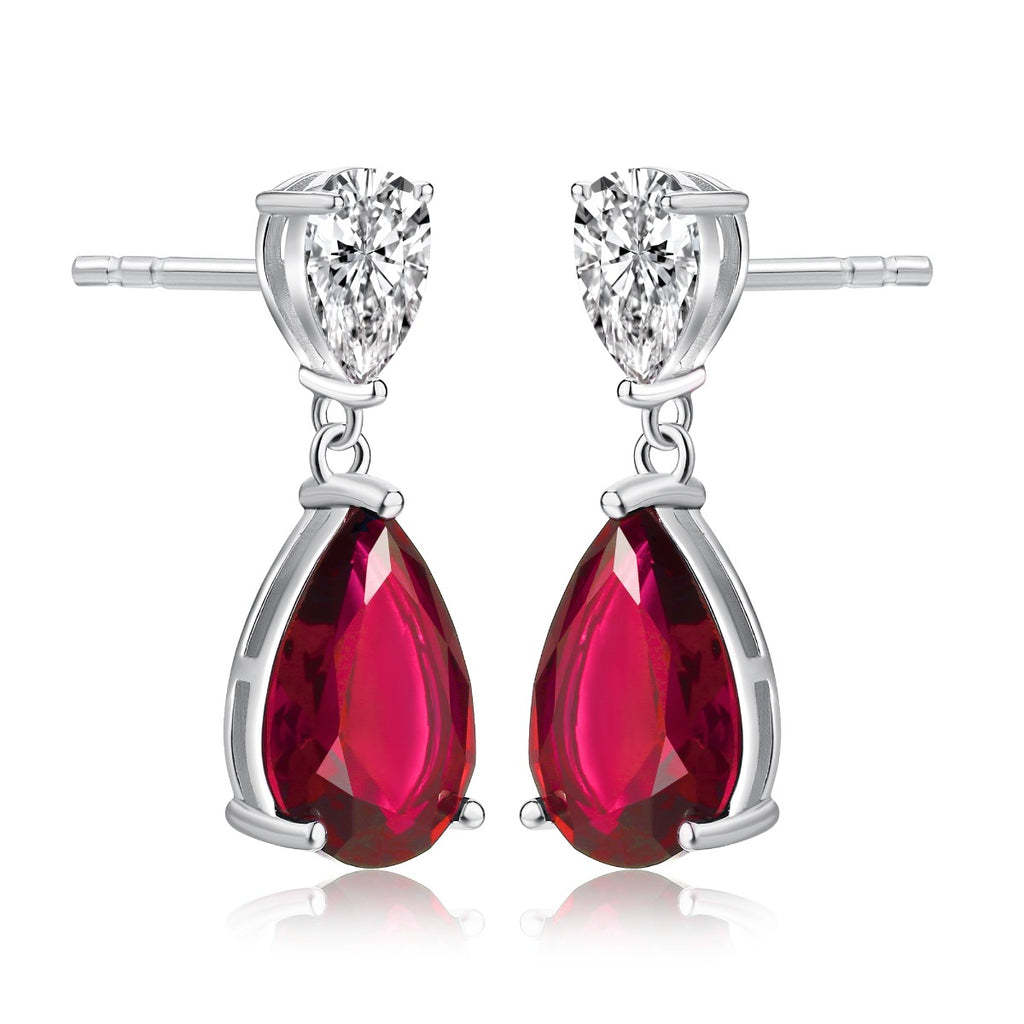 Sterling Silver Pear Shaped Red Drop Earrings