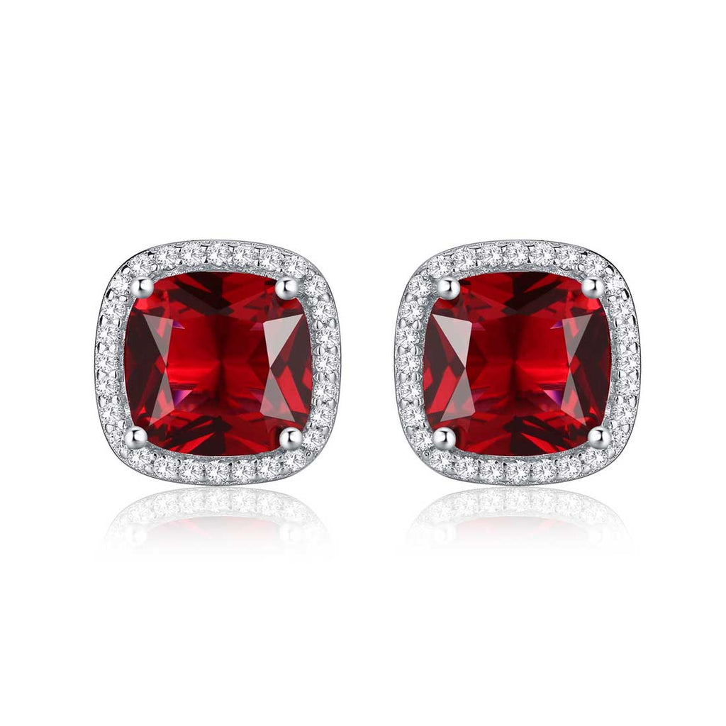 Sterling Silver Cushion Shaped Red Stud Earrings