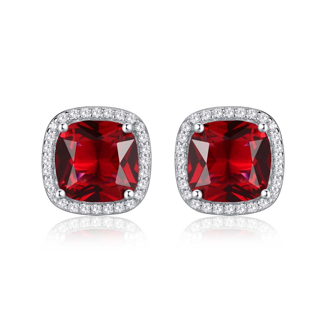 Sterling Silver Cushion Shaped Red Stud Earrings