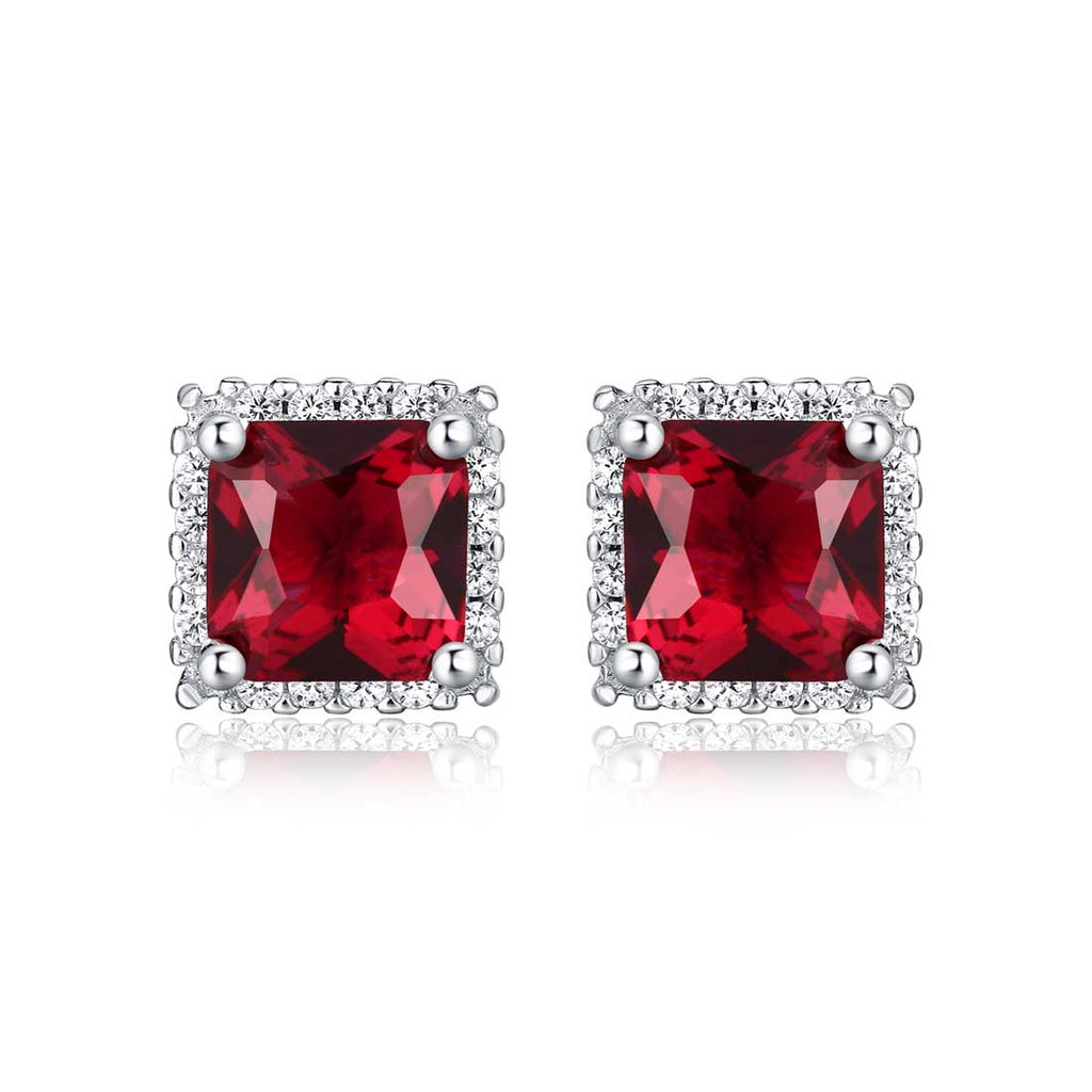 Sterling Silver Square Shaped Red Stud Earrings