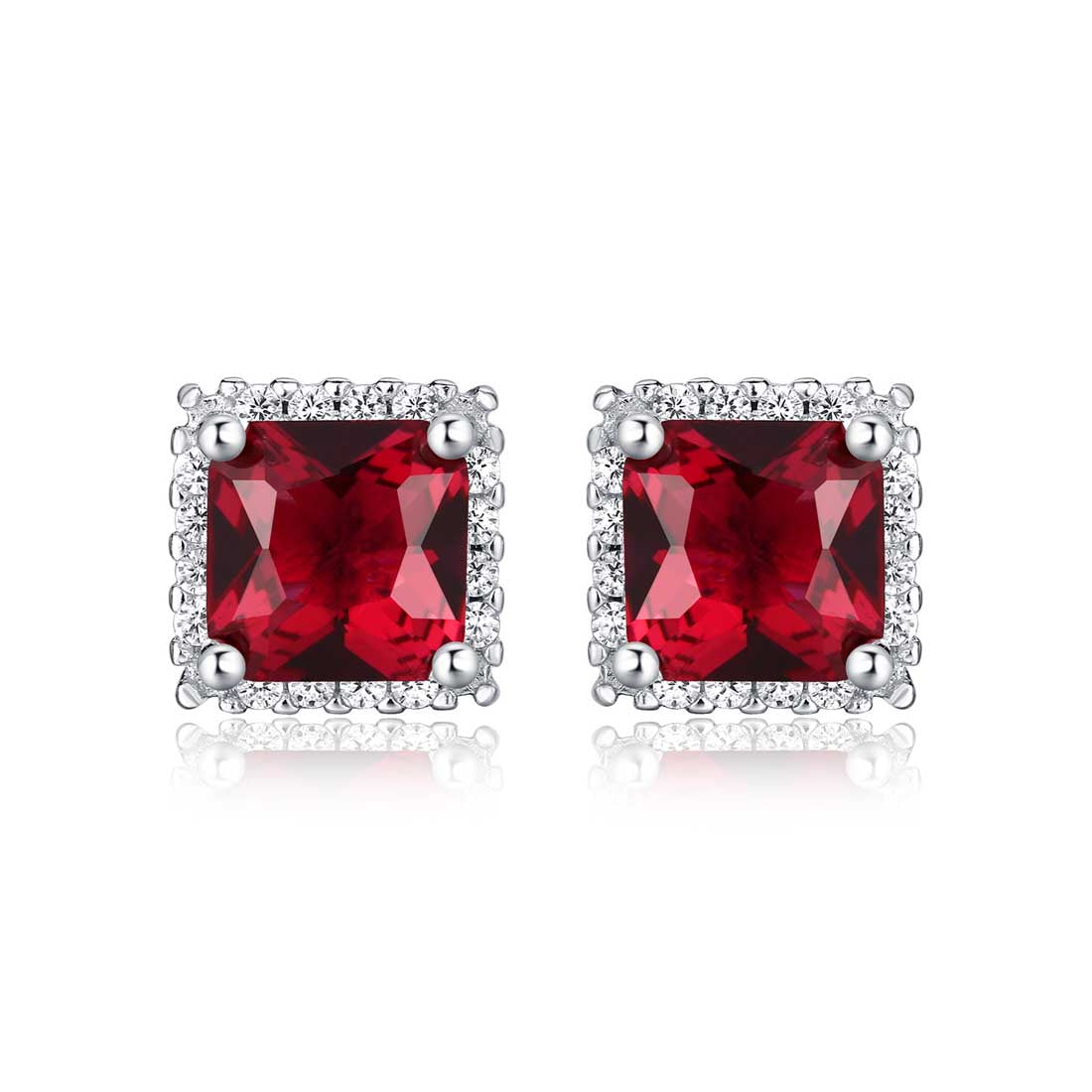 Sterling Silver Square Shaped Red Stud Earrings