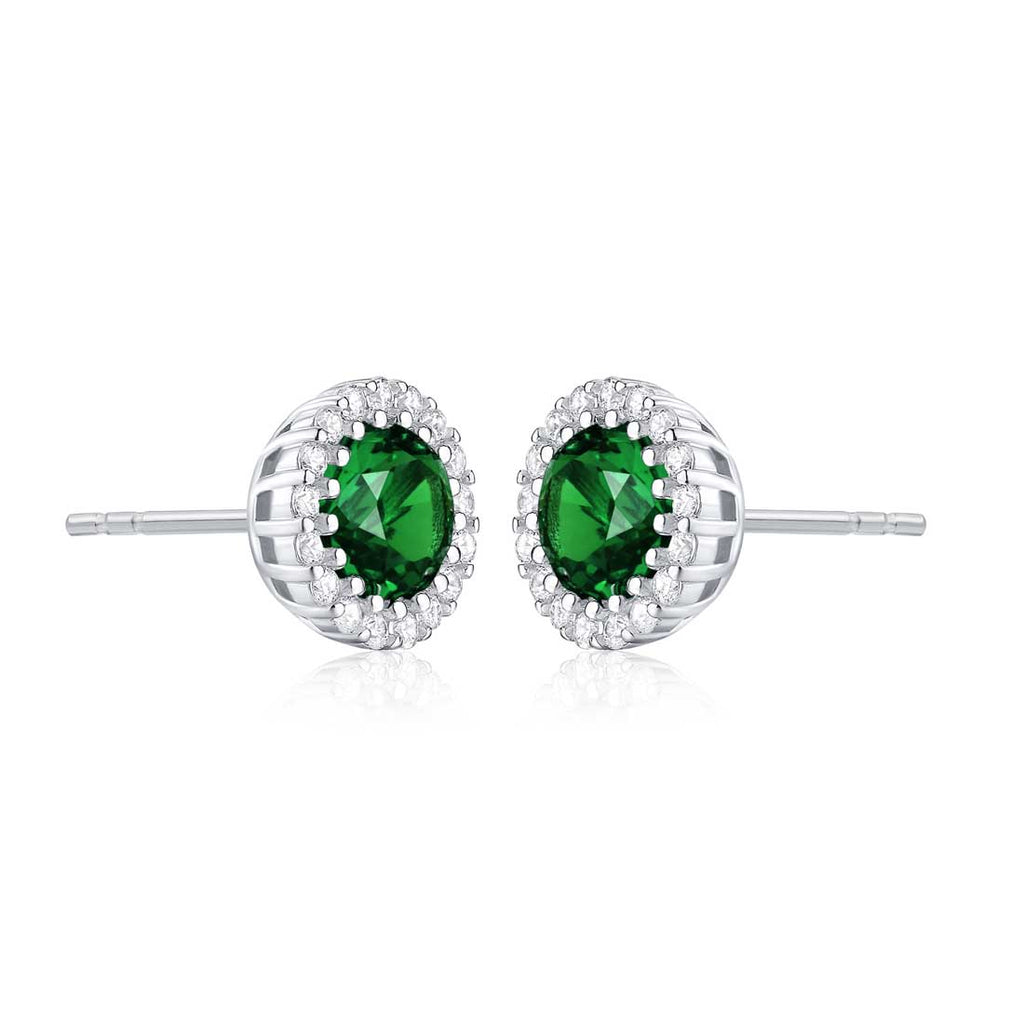 Sterling Silver Round Green Halo Stud Earrings