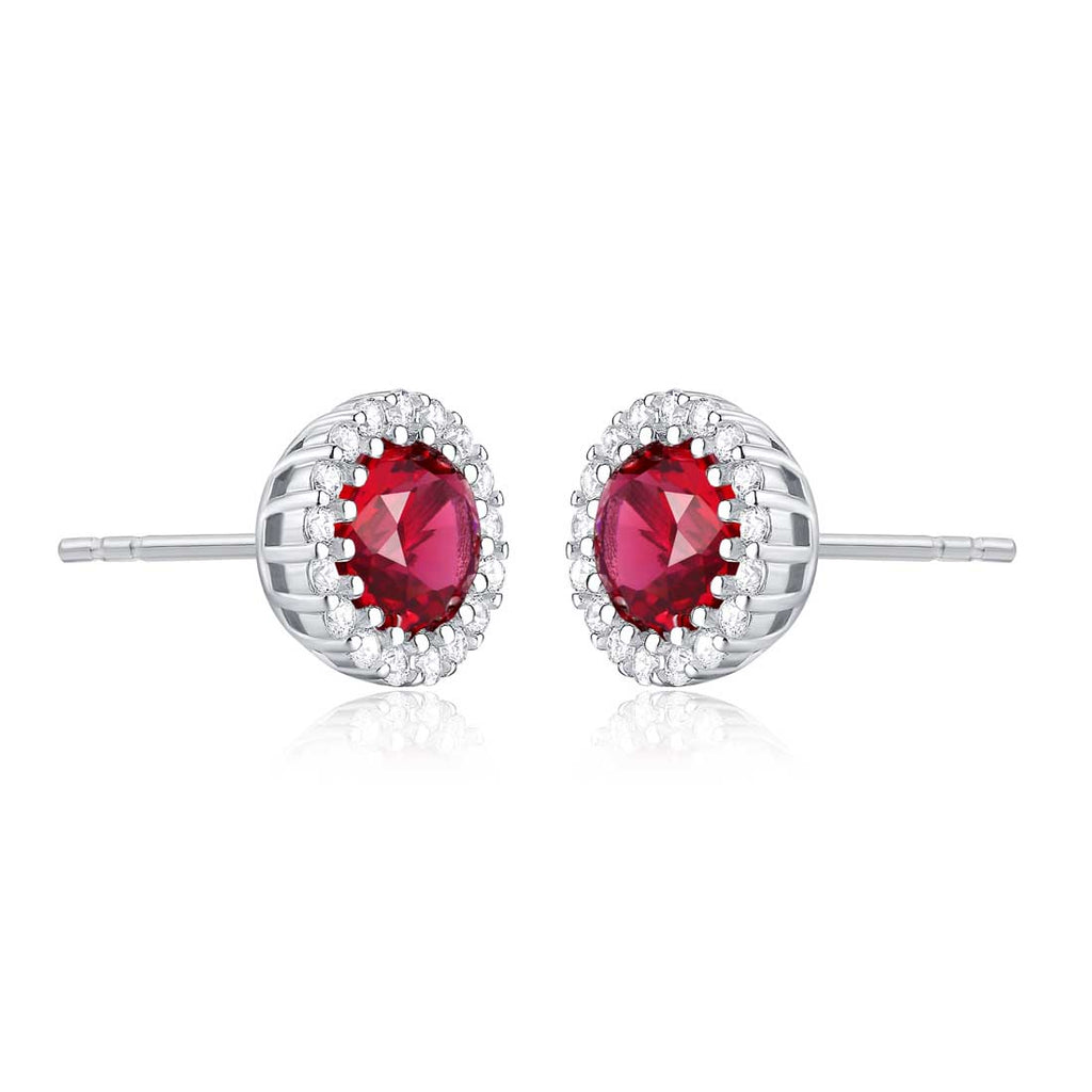Sterling Silver Round Red Halo Stud Earrings