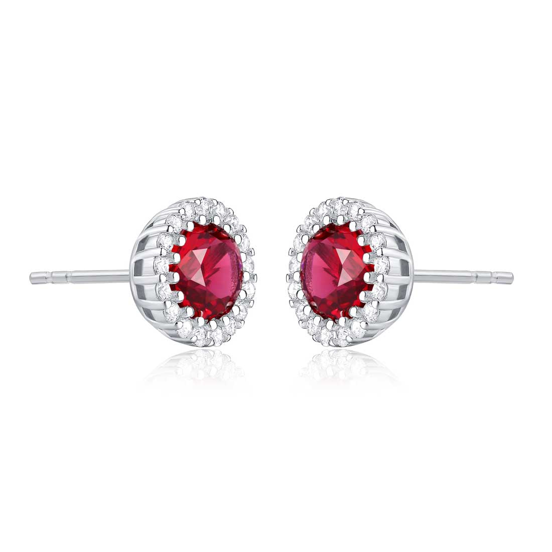 Sterling Silver Round Red Halo Stud Earrings